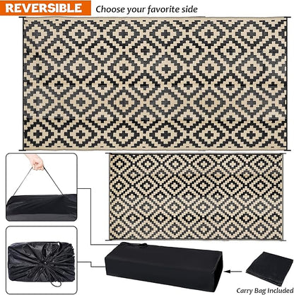 SAND MINE Waterproof Outdoor Rug 9x18 ft, Plastic Reversible Rug, Modern Area Rug, Large Floor Mat for Outdoors, RV, Patio, Backyard, Deck, Picnic, Beach, Camping, Black & Beige