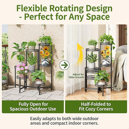 Plant Stand Indoor Outdoor, 7 Tier Large Plant Stand with 7.9-Inch Wide Drainage Tray, Tiered Corner Metal Iron Flower Display Holder Shelf, Folding Tall Rack for Patio Balcony Porch - BlackFlower