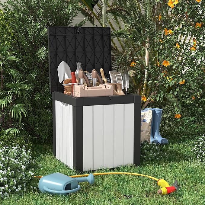 Deck Box Lockable Resin Patio Storage Bench in Black, Wood Grain