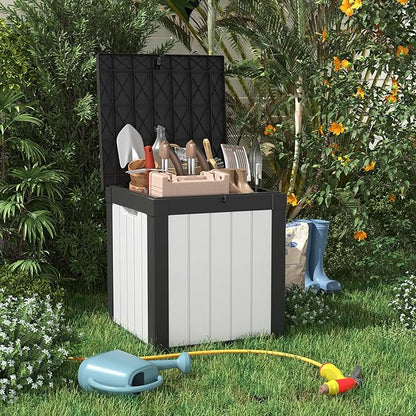 Deck Box Lockable Resin Patio Storage Bench in Black, Wood Grain