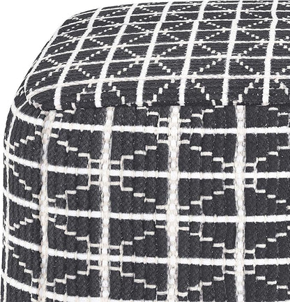 SIMPLIHOME Noreen Square Pouf - 18 inch Wide Upholstered Handwoven Cotton Ottoman in Slate Grey and White, Boho Footstool or Extra Seating for Living Room with Polystyrene Filling, Assembled
