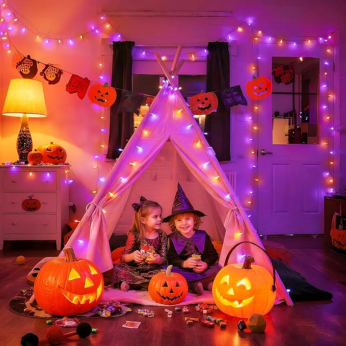 String Lights, 600 LED Orange and Purple with 8 Modes for Halloween