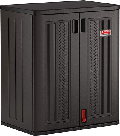 Suncast Heavy-Duty Resin Outdoor Storage Cabinet, 30" W x 20.25" D x 36" H Dark Grey Base Garage Storage Cabinet with Lockable Doors and Metal Reinforced Shelves, Made in The USA