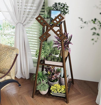 COPREE 3-Tier Tower Plant Stand Display Rack with Windmill Top,Bamboo Vintage Flower Pot Holder Shelf for Patio Balcony Decoration