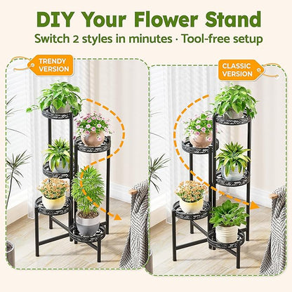 Plant Stand Indoor Outdoor, 5 Tier Corner Metal Flower Display Holder Shelf, Folding Tall Rack for Patio Balcony Porch Garden Living Room House, Heavy Duty Wrought Iron Plant Shelf- BlackWave