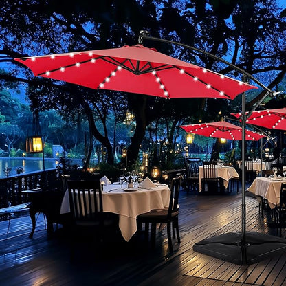 Yaheetech 10FT Solar Offset Umbrella with 32 LED Lights Cantilever Hanging Outdoor Umbrellas Handy Crank & Cross Base for Lawn/Deck/Backyard/Pool Red
