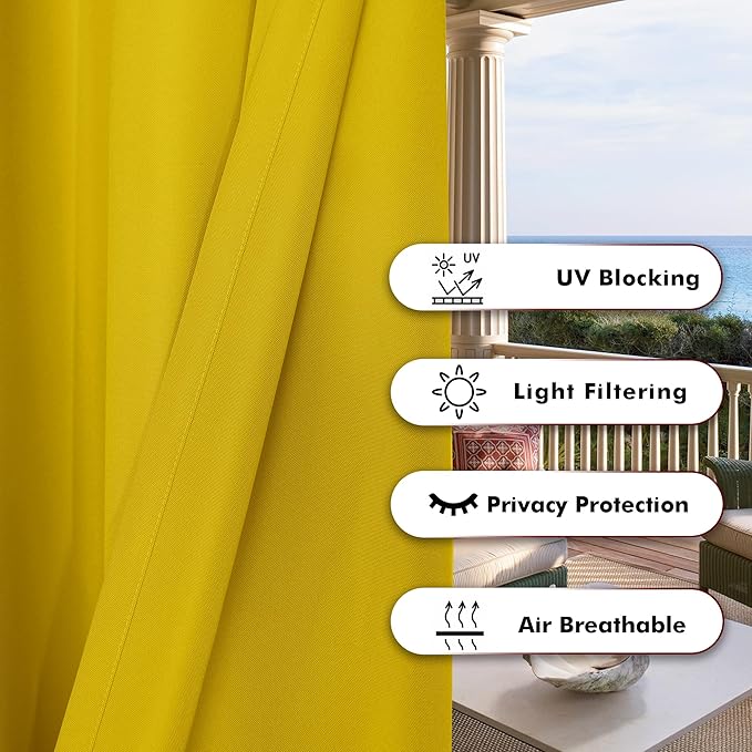 BONZER Outdoor Curtains for Patio Water Resistant Heavy Privacy Light Filtering Grommet Outside Curtains for Porch, Pergola, Gazebo, 1 Panel, 54W x 95L inch, Yellow