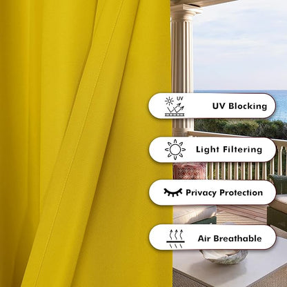 BONZER Waterproof Outdoor Curtains for Patio Porch Pergola Cabana Light Filtering Privacy Grommet Indoor Curtain Panels for Bedroom Living Room, 1 Panel, 54W x 120L inch, Yellow