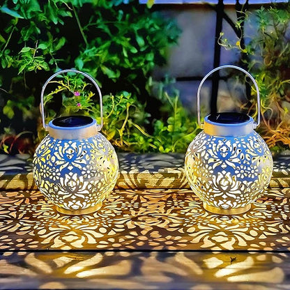 2 Pack Outdoor Solar Hanging Lantern Lights Metal LED Decorative Lamp for Garden Patio Courtyard Lawn and Table with Hollowed-Out Design (White)