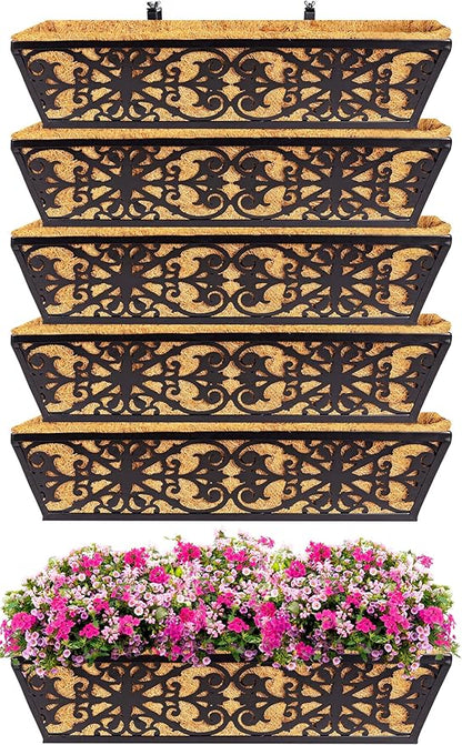 6 Pack 24 Inch Window Boxes Planters Railing Planter Box with Adjustable Brackets & Coco Liners Fabric Plant Grow Bags Deck Railing Planter Boxes Balcony Hanging Flower Box for Outdoor Plants