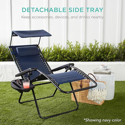 Best Choice Products Folding Zero Gravity Outdoor Recliner Patio Lounge Chair w/Adjustable Canopy Shade, Headrest, Side Accessory Tray, Textilene Mesh - Amethyst