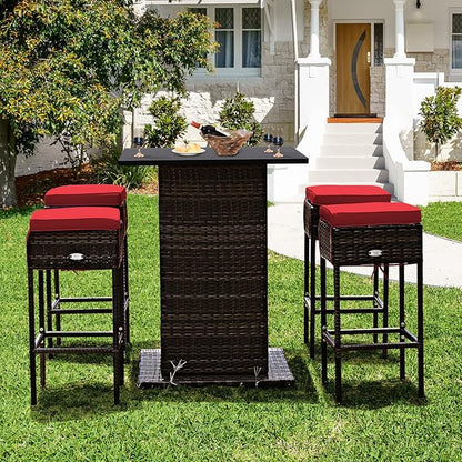 Tangkula 5 Piece Outdoor Rattan Bar Set, Patio Bar Furniture with 4 Cushions Stools and Smooth Top Table with Hidden Storage Shelf, Outdoor Conversation Set for Poolside, Backyard, Lawn (Red)