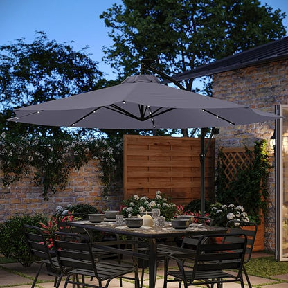 Flash Furniture Sedona Round Solar Cantilever Umbrella, Commercial Grade with Built in Cross Base, Crank and Tilt, 32 LED Lights, 6 Hour Run Time, 10 FT, Gray
