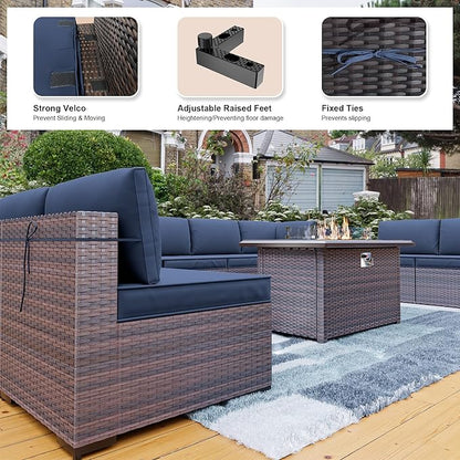 Kullavik 15PCS Outdoor Patio Furniture Set with 43" 55000BTU Gas Propane Fire Pit Table PE Wicker Rattan Sectional Sofa Patio Conversation Sets w/8 Coner Sofas,Navy Blue