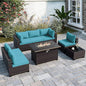 ALAULM Patio Furniture Set with Fire Pit Table 55000 BTU, Outdoor Sectional with Wide Seat and Thick Cushion, 8 Piece Wicker Rattan Conversation Set with Coffee Table for Garden, Deck, Turquoise