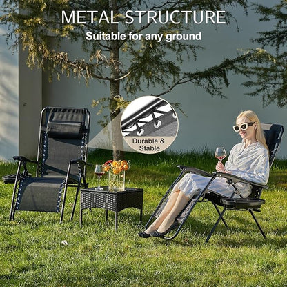 Sweetcrispy Zero Gravity Chairs, Set of 2 Portable Recliner Beach Camping Patio Outdoor Folding Lounge Chair with Cup Holder Trays and Adjustable Pillow for Poolside, Garden, Backyard, Lawn (Black)