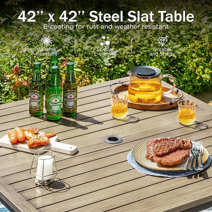 PHI VILLA 5 Pieces Outdoor Dining Set for 4, 42" Square Brown Metal Table with Umbrella Hole & Wrought Iron Chairs, All Weather Outside Furniture with Blue Cushions & Pillows for Patio, Deck, Porch