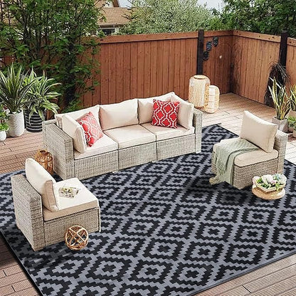 SAND MINE Waterproof Outdoor Rug 8x10 ft, Plastic Reversible Rug, Modern Area Rug, Large Floor Mat for Outdoors, RV, Patio, Backyard, Deck, Picnic, Beach, Camping (8' x 10', Black Grey Lattice)