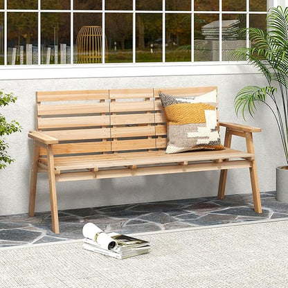 Tangkula Outdoor Fir Wood Bench with Foldable Middle Table, 2-3 Person Garden Bench with Backrest and Armrests, 710 lbs Weight Capacity, Slatted Seat Bench for Porch, Patio, Backyard