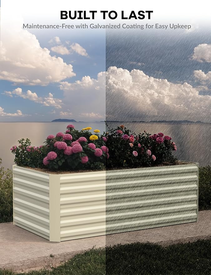GarveeLife 6x3x2 ft Galvanized Raised Garden Bed, 24" Tall Metal Planter Box for Flowers Vegetables, Rust-Resistant Raised Garden Beds for Gardening, Easy Assembly Outdoor Garden Box & Planters,Beige