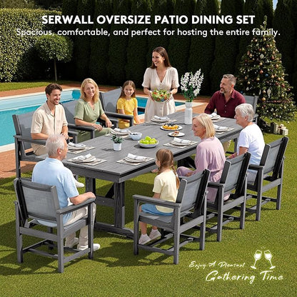 SERWALL 9 Piece Outdoor Dining Set, 84" HDPE Outdoor Large Table and Texilene Chairs for 8，All Weather Patio Dining Furniture Set with Umbrella Hole for Backyard, Garden, Gray