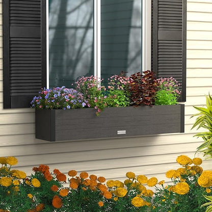 Mayne Horizon 4FT Window Box Planter – Modern Rectangular Faux Wood Grain Design for Windows, Durable All-Season Outdoor Flower Box with Drainage, Easy Installation