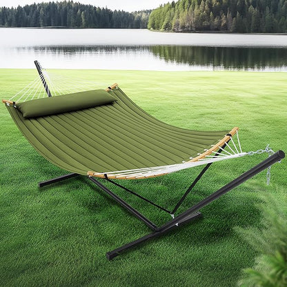 SUPERJARE Curved-Bar Hammock with Stand, 2 Person Heavy Duty Hammock Frame, Detachable Pillow & Portable Carrying Bag, Perfect for Outdoor & Indoor, Spring Green