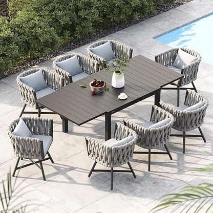 Grand patio 9-Piece Outdoor Dining Set for 8, Patio Dining Furniture Set for 8 Swivel Rope Wicker Chairs & 1 Expandable Rectangular Dining Table, Light Gray Brown