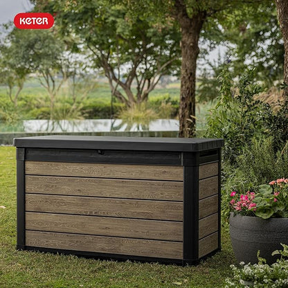 Keter Ashwood 100 Gallon Resin Deck Box Organization and Storage for Patio Furniture Outdoor Cushions, Throw Pillows, Garden Tools and Pool Toys, Brown