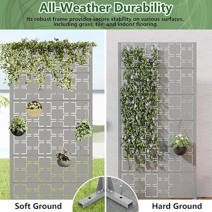Casaphoria Metal Privacy Screen Outdoor, 72" H x 35" W Freestanding Decorative Privacy Screen for Patio Deck Balcony Garden with Stable Base, Grey-Square