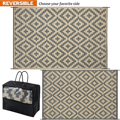 SAND MINE 6 x 9 Ft Reversible Mats, Plastic Straw Rug, Modern Area Rug, Large Floor Mat and Rug for Outdoors, RV, Patio, Backyard, Deck, Picnic, Beach, Trailer, Camping, Grey & Tan