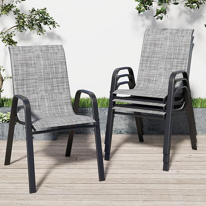 Stackable Patio Dining Chairs, Set of 4 in Grey Textilene Mesh