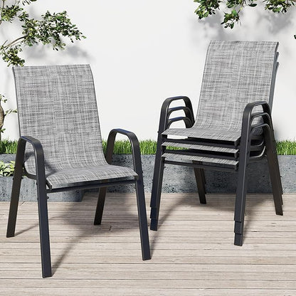 Stackable Patio Dining Chairs, Set of 4 in Grey Textilene Mesh