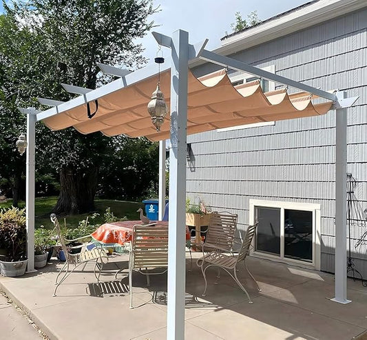 PURPLE LEAF 10' x 13' Aluminum Outdoor Pergola White Retractable Pergola with Double Sun Shade Canopy Wind-Resistant Heavy-Duty Metal Pergola for Patios Deck Backyard Garden, Khaki