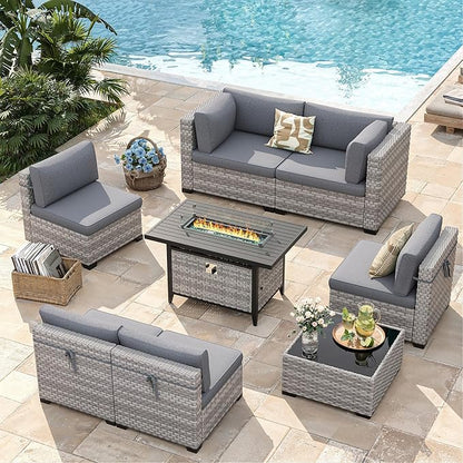 6-Seat Modern Outdoor Wicker Rattan Patio Furniture Set with 55,000 BTU Fire Pit Table, Thick 4″ Cushions, All-Weather Dual-Strand Rattan, Rust-Resistant Steel Frame,Gray
