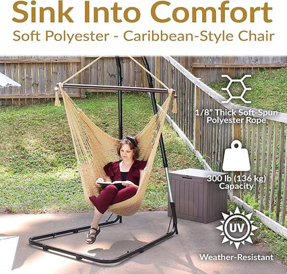 Sunnydaze Outdoor Hammock Chair Swing - Hanging Hammock Swing - Hanging Reading Chair - Soft-Spun Polyester Rope - Caribbean XL - Tan