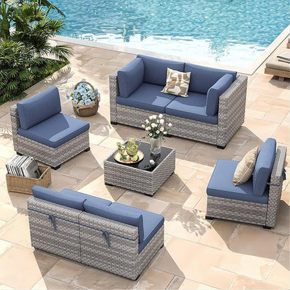 6-Seat Modular Patio Furniture Set – Outdoor Wicker Sectional Sofa with Thick 4″ Cushions, Dual-Strand PE Rattan, Rust-Resistant 18 mm Steel Frame, Backyard Garden Deck Lounge,Navy