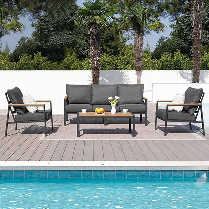 Patio Furniture Set, 4 Pieces Outdoor Furniture Patio Conversation Set with High Back, Faux-Wood Armrest and Tabletop, Outdoor Couch Patio Sofa Set for Balcony, Porch, Backyard, Grey