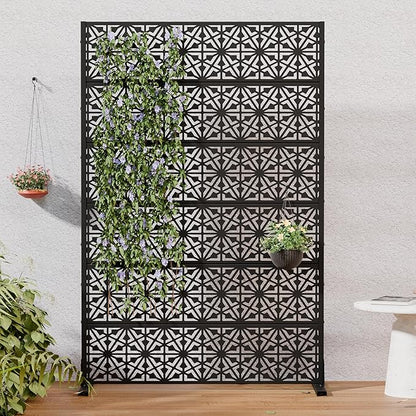 Casaphoria Metal Privacy Screen Outdoor, 72" H x 47" W Freestanding Decorative Privacy Screen for Patio Deck Balcony Garden with Stable Base, Black-Gene