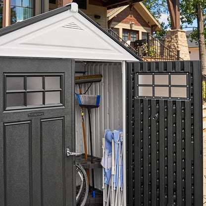 Rubbermaid Resin Outdoor Storage Shed With Floor (7 x 3.5 Ft) Weather Resistant, White, Organization for Home/Backyard/Garden Tools/Lawn Mower/Bike Storage/Pool Supplies