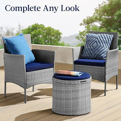 Best Choice Products Round Wicker Ottoman, Multipurpose Outdoor Furniture for Patio, Backyard, Additional Seating, Footrest, Side Table w/Storage, Removable Cushions – Gray/Navy
