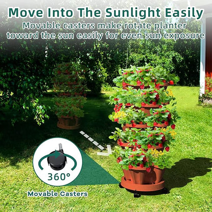 7 Tiered Strawberry Vertical Planter 2 Pack, Stackable Tower Garden Planter Herb Garden Planter with Movable Casters and Bottom Saucer Indoor and Outdoor - Terra Cotta