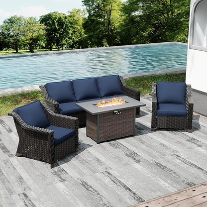 Joyside Wicker Patio Furniture Sets, 4 Pieces Upgraded Large Size Outdoor Furniture with Patio Dining Chair, 3-Seat Sofa, Fire Table,Thick Cushions, Wide Armrest, Blue