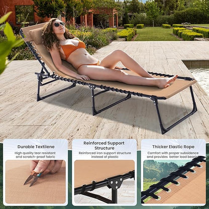 Folding Chaise Lounge Chair 2 Pack - 400lb Capacity, 5-Position Adjustable Recliner with Pillow | Portable for Patio, Pool, Camping & Sunbathing (Beige)