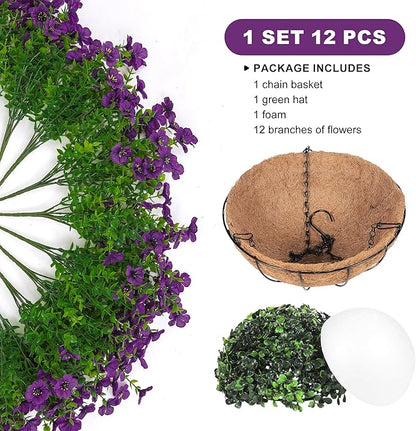 Artificial Faux Hanging Plants Flowers Basket for Outdoors Spring Summer Decoration, Hanging Planters with Fake Silk Flowers UV Resistant Realistic for Outside Porch Patio Balcony Garden Home （Purple）