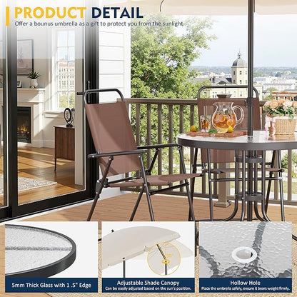 Shintenchi 6 Piece Patio Dining Set with Umbrella, Outdoor Furniture Set with 4 Folding Chairs and Tempered Glass Top Dining Table fot Lawn Backyard Garden Porch Brown and Beige