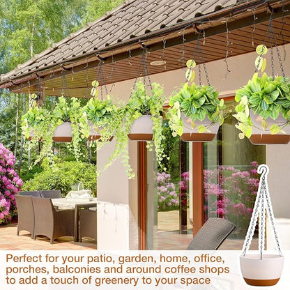 Mumufy 6 Pcs 8 Inch Hanging Planter for Indoor and Outdoor Plants Plastic Hanging Flower Pots with Drainage Hole and Removable Saucer Hanging Plant Holder Plant Hanging Basket (White)