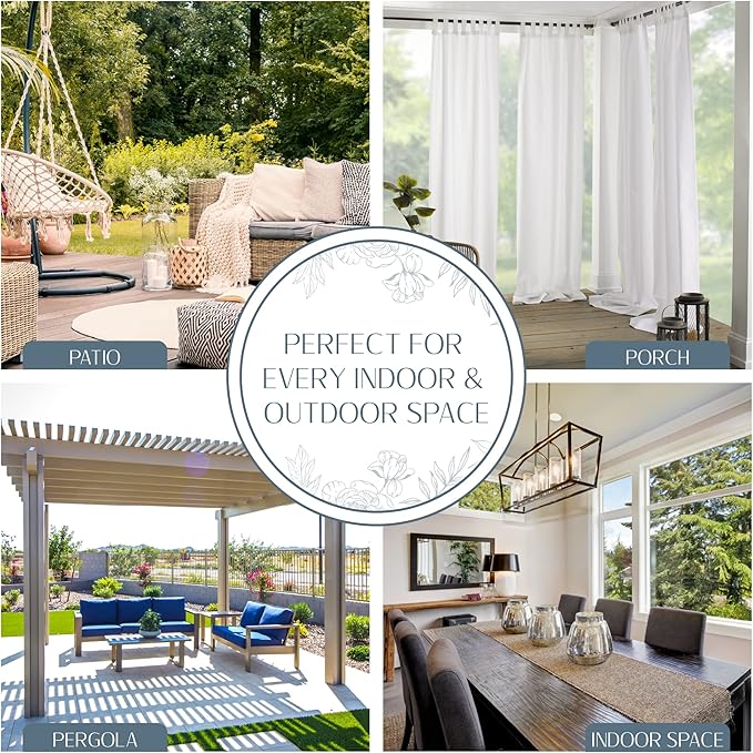 Elrene Home Fashions Matine Weatherproof Tab-Top Indoor/Outdoor Solid Color Curtain Panel for Porch, Pergola, Patio, Deck, 52”W x 84”L, White