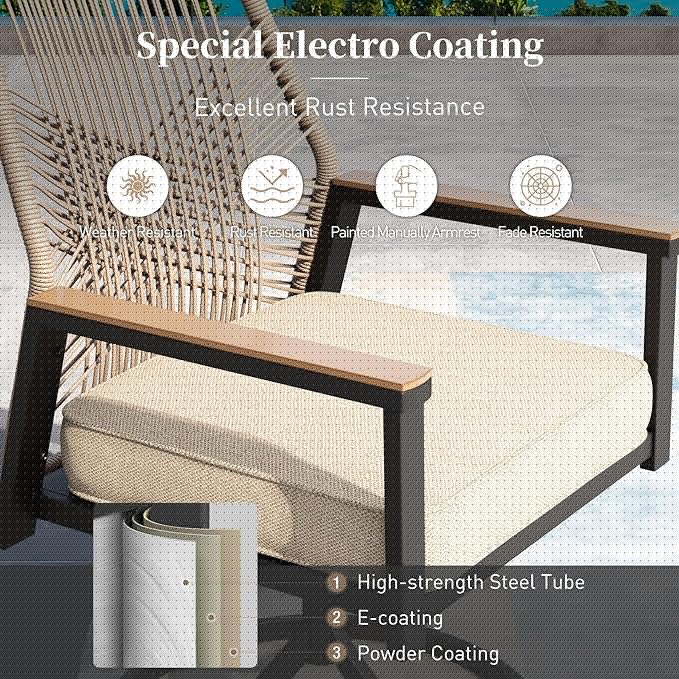 Patio Dining Set 9 Piece, 8 x Woven Rattan Swivel Chairs with Waterproof Cushion, 60" Square Metal Dining Table with Umbrella Hole, Outdoor Table and Chairs Set for Backyard Lawn and Deck, Beige