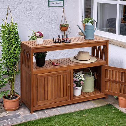 Flamaker Outdoor Storage Cabinet Weatherproof Acacia Wood Outdoor Cabinet with 2 Magnetic Doors Used for Outdoor Storage, Buffet Cabinet, TV Stand, Bar Table, Potting Table (Brown)